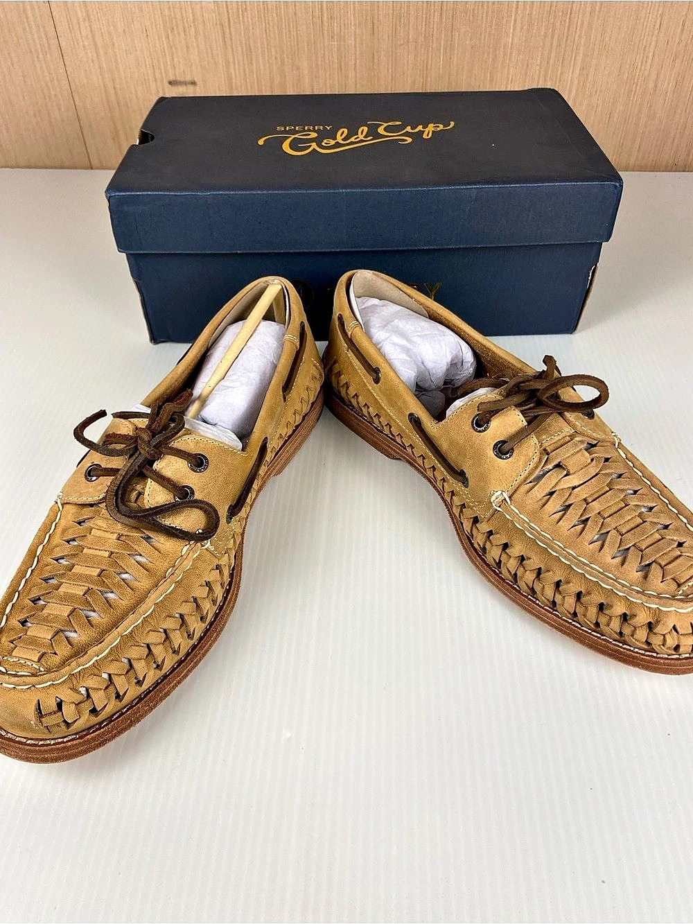 Sperry Gold Cup Woven Leather Boat Shoes Tan Men’s 10.5 NIB - Picture 4 of 16